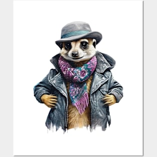 Meerkat wearing a jackets hat and a scarf Posters and Art